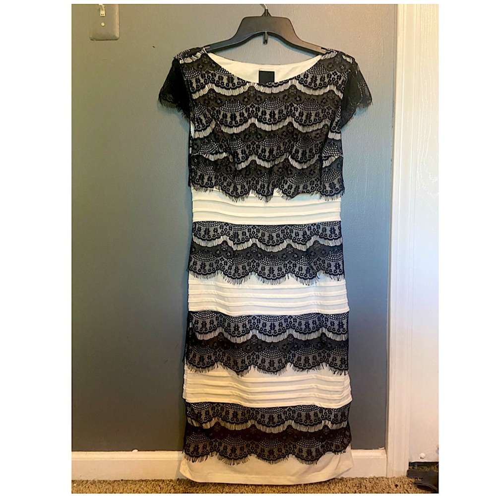 Black lace and white satin midi dress